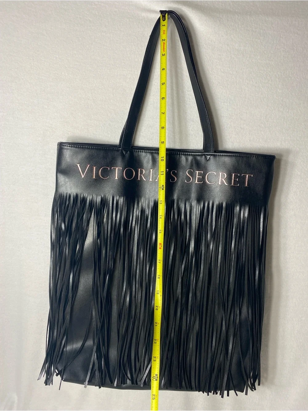 Victoria’s Secret Large Black Fringe Weekender Tote  Bag Faux Leather 16x16x4”
